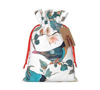 Japanese Pine & Birds Christmas Drawstring Gift Bag Santa Sack With Cards