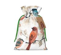 Japanese Pine & Birds Print Christmas Burlap Drawstring Gift Bags Reusable Gift Bags, Holiday Packaging With Rustic Charm