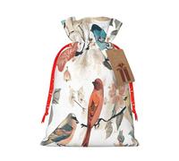 Japanese Pine & Birds -Print Reusable Burlap Pouches Drawstring Bags, Rustic Wedding Christmas Party Favors Bulk Packaging.
