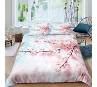 Japanese Pink Cherry Blossoms Bedding Double Bed Set, Luxury Soft Microfiber Bedding Set for Kids Teens Adult, 1 Quilt Cover 200x200 cm with Zipper and 2 Pillowcases 50x75 cm