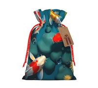 Japanese Pretty Fish Christmas Drawstring Gift Bags, Xmas Bags With Tags, Reusable Santa Wrapping Bag