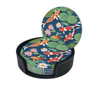 Japanese Pretty Koi Fish Coasters Set Of 6 For Drinks With Holder, Classy And Simple Coasters For Coffee Table, Great Housewarming Gifts