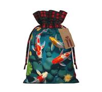 Japanese Pretty Koi Fish Color Blocked Linen Drawstring Gift Bag, Reusable Gift Bag