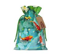 (Japanese Pretty Red carp Fish) Printed Christmas S Size Gift Bags with Green Ribbon Drawstring Candy Bags for Kids Xmas Holiday Christmas Eve Presents