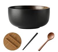 Japanese Ramen Bowls - Large Noodle Soup Bowl with Chopsticks, Spoon, and Wooden Lid for Pho, Thai, Miso, Udon Soup, Asian Food