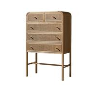 Japanese Rattan Chest of Drawers with Gold Handles - Tall Wooden Storage Cabinet for Living Room Entryway & Closet nizer Stylish Furniture for Home Décor