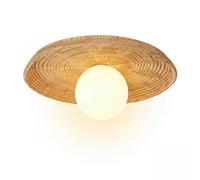 Japanese Rattan Flush Mount Ceiling Light, Handmade Bamboo Woven Boho Light Fixture, Creative Round Zen Style Ceiling Lamp, Semi Flush Mount For Hallway, Entryway, Bedroom, Balcony(Milk White)