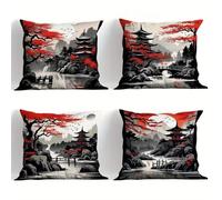 Japanese Red Black Cushion Covers 35x35cm Set of 4 Decorative Throw Pillow Covers 14x14inch Soft Velvet Square Cushion Cases for Home Living Room Sofa Couch Bed Pillowcases