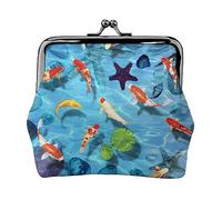 Japanese Red Carp Print Double Clasp Metal Frame Leather Kiss Lock Change Pouch Wallet for Women with Keys, Small Purses