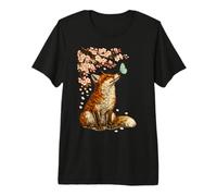 Japanese Red Kitsune Fox with Butterfly and Cherry Blossom Premium T-Shirt