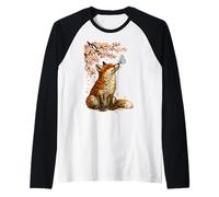 Japanese Red Kitsune Fox with Butterfly and Cherry Blossom Raglan Baseball Tee