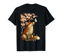 Japanese Red Kitsune Fox with Butterfly and Cherry Blossom T-Shirt