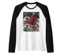 Japanese Red Kraken Sea Monster Japan Waves Octopus Lovers Raglan Baseball Tee