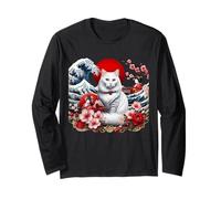 Japanese Red Sun Cute White Cat Cherry Blossom Japan Wave Long Sleeve T-Shirt