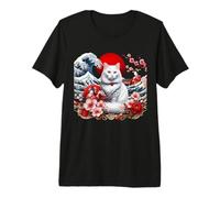 Japanese Red Sun Cute White Cat Cherry Blossom Japan Wave Premium T-Shirt