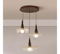 Japanese Retro Living Room Petal Glass Hanging Lamp Modern Minimalist Dining Room Round Disc Triple-Head Ceiling Pendant Light Bedroom & Study Adjustable Pendant Light