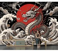 Japanese Retro Style Panoramic Wallpaper Mural, 200x140cm | Silk Wall Poster Dragons, Red Moon, And Giant Waves Photo Wallpaper Wall Mural Decoration for Bedroom Living Room Dining Rooms, Dark Gray