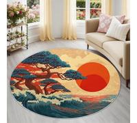 Japanese Round Area Rug 120 cm, Orange Tradition Sunset Ocean Waves Soft Flannel Mat, Non-Slip Washable Circle Rug for Kitchen Floor Bedside Decor