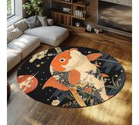 Japanese Round Rug 110cm Machine Washable Red Sun Koi Fish Non Slip Circular Rugs Ukiyo-E Sakura Oriental Lucky Theme Foldable Throw Carpet Large Low Pile Thin Floor Mat for Bedroom Office Entryway