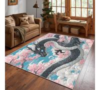 Japanese Rug, Asian Dragon Cherry Blossom Area Rug 240x240cm, Machine Washable Rug for Living Room, Bedroom, Non Slip Soft Carpet, Japan Oriental Home Decor & Gifts D#1191