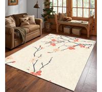 Japanese Rug, Cherry Blossom Beige Area Rug 100x150cm, Machine Washable Rug for Living Room, Bedroom, Non Slip Soft Carpet, Pink Sakura Home Decor & Gifts D#1134