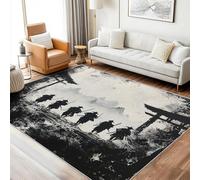 Japanese Rugs Living Room, Washable Black and White Samurai Patterned Home Decor Area Rugs for Bedroom, Non Slip Soft Carpet, Short Pile, 120 x 120 cm WA&LKK-1