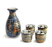 Japanese Sake Set Blue 300ml Sake pot and 50ml Sake Cup Set Traditional Hand Painted Design Porcelain Pottery Ceramic Cups Crafts Wine Glasses 5 Piece (Blue Rich)