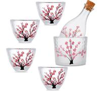 Japanese Sake Set for 4 - Elegant Cherry Blossom Pattern, Includes 1 Sake Bottle, 4 Cups & 1 Sake Warmer Tank - Japanese Traditional Handcraft Wine Glasses Saki Cup
