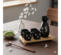 Japanese Sake Set with 4 Glasses - Black with Sakura