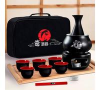 Japanese Sake Set with Warmer | 11 pc | 6 Sake Cups only | Non Electric Sake Warmer | Sake Bottle | Candles | Lighter | Bamboo Sake Flight Tray for Sake Cup Set | Bomb Gift kit for Chinese Sake Set