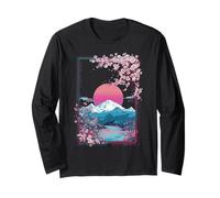 Japanese Sakura Mount Fuji Sunset Retro Landscape Long Sleeve T-Shirt