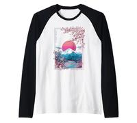 Japanese Sakura Mount Fuji Sunset Retro Landscape Raglan Baseball Tee