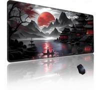 Japanese Sakura Mouse Pad 31.5x11.8 Inch Black Anime Desk Mat Large Non-Slip Rubber Base Waterproof with Stitched Edges for Gaming and Office(Red Moon)