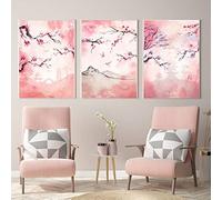 Japanese Sakura Poster Prints Pink Watercolor Cherry Blossom 3 Pieces Canvas Painting Wall Art Picture Aesthetic Living Room Home Decor 40Cmx60Cmx3Pcs No Frame
