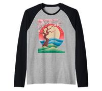 Japanese Sakura Tree Blossom Waves Sun Moon Vacation Travel Raglan Baseball Tee