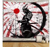 Japanese Samurai Art Decor Tapestry Wall Hanging for Bedroom, Cool Anime Red and Black Sun Moon Poster Wall Art Tapestries for Men, Asian Japan Male Blanket College Decorations (80X60")