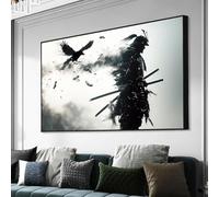 Japanese Samurai Canvas Wall Art Black and White Warrior Poster Armored Samurai Portrait Print Japanese Warrior Wall Art Black Asian Figure Picture Bushido Inspirational Painting 16x24in No Frame