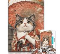 Japanese Samurai Cat Jigsaw Puzzles for Teenagers 1000 Piece Puzzle,Brain Intelligence Challenge Addictive Toys for Home Decoration (50x75cm)