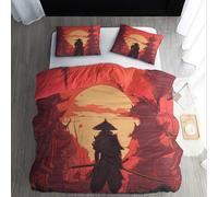 Japanese Samurai Double Bedding Set, Asia Oriental Anime Duvet Cover 200x200 cm, Soft Microfiber Reversible Quilt Cover + 2 Pillowcases, Zipper Closure, Bedroom Decor H-5