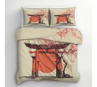 Japanese Samurai Double Duvet Cover - Pink Sun Anime Oriental Bedding & Bedroom Decor, Super Soft Microfiber Quilt Cover and 2 Pillowcases, with Zip, Reversible Design (I17-R)