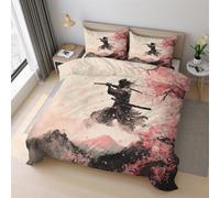 Japanese Samurai Double Duvet Cover Set, Cherry Blossoms Asia Oriental Bedding Set 200x200cm, Microfiber Soft Reversible Quilt Cover + 2 Pillowcase, Zipper Closure, Bedroom Decor S-1