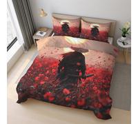 Japanese Samurai Duvet Cover Set Single Size, Poppy Flower Asian Oriental Bedding Set 135x200 cm, Quilt Cover with 1 Pillowcase, Soft Microfiber 2pcs, Zip 21D&-30