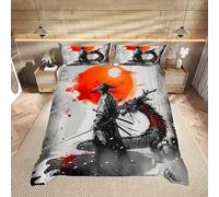 Japanese Samurai Duvet Cover Set Super King Size,Western Dragon Chinese Style Animal Bedding Set,Boys Girls Room Decor,Ink Wash Painting Retro Comforter Cover,Grey,2 Pillowcases(No Comforter)