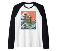 Japanese Samurai Frog Standing on Lotus Leaf Stormy Water Raglan Baseball Tee