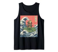 Japanese Samurai Frog Standing on Lotus Leaf Stormy Water Tank Top