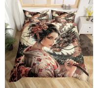 Japanese Samurai Girly Duvet Cover Set Double Size,Western Dragon Wild Animal Bedding Set,Girls Women Room Decor,Japan Ukiyoe Cherry Blossom Comforter Cover,Beige,2 Pillowcases,No Comforter