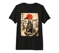 Japanese Samurai Gorilla Ink Art with Red Sun and Torii Gate Premium T-Shirt