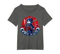 Japanese Samurai Guerrero Guerrero Tattoo Kawaii Cat Ninja T-Shirt, Women's Plus, Asphalt Grey, 3X