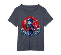Japanese Samurai Guerrero Guerrero Tattoo Kawaii Cat Ninja T-Shirt, Women's Plus, Heather Blue, 3X