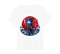 Japanese Samurai Guerrero Guerrero Tattoo Kawaii Cat Ninja T-Shirt, Women's Plus, White, 6X